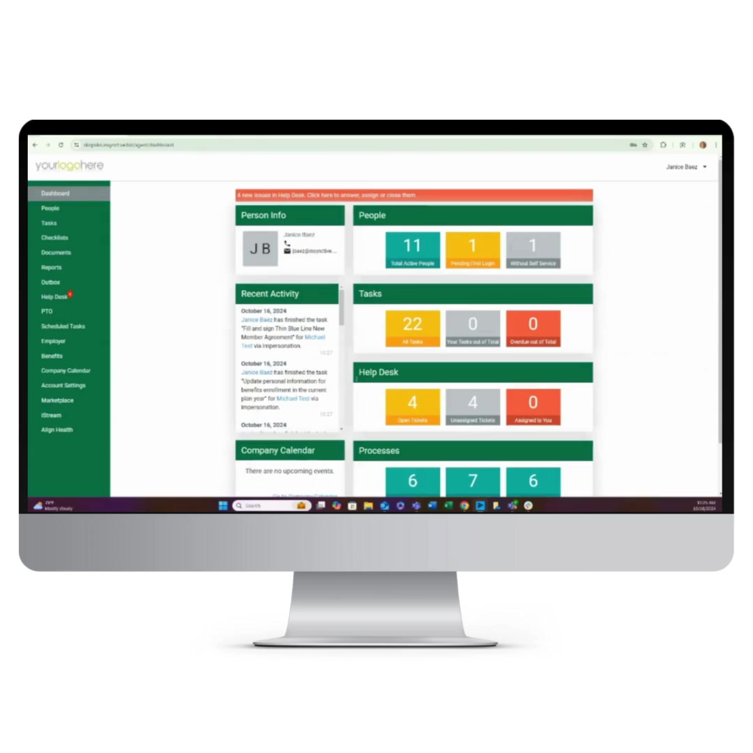 Insynctive HR dashboard showing people, tasks, help desk tickets, process counts and a company calendar