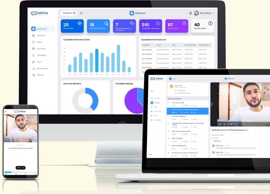IntVue promotional image showing interview dashboards and recorded candidate responses on desktop, laptop and phone