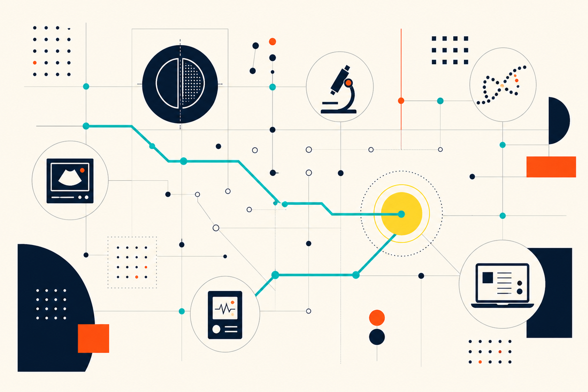 Abstract Swiss-style map of AI healthcare data pathways and selected opportunities