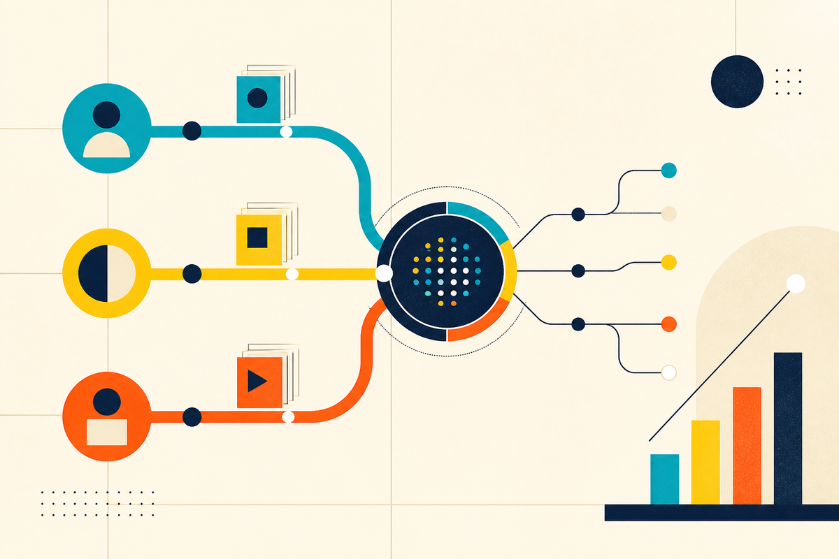 Abstract Swiss-style illustration of three learning paths entering a shared data core and producing measurable outcomes