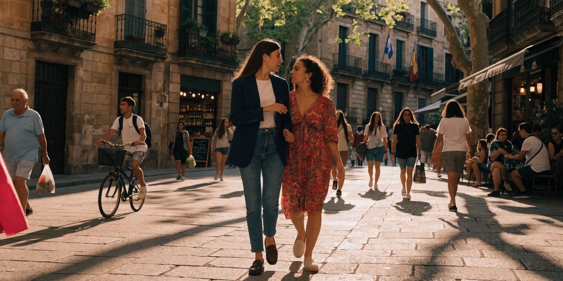 Two people walking through a sunlit city street, from Intent HQ's brand photography