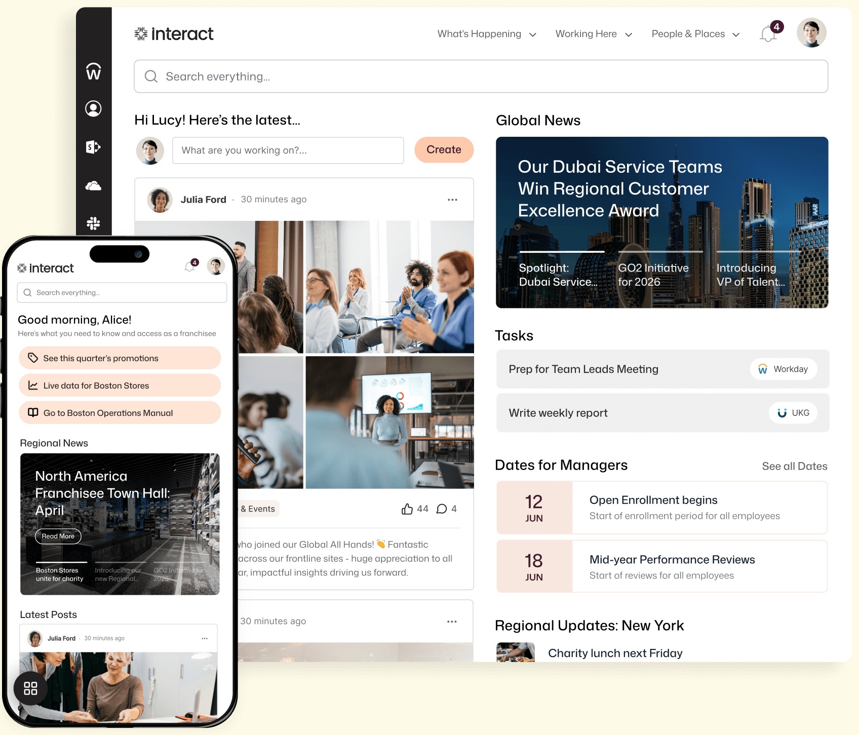 Interact product illustration showing desktop and mobile employee homepages with news, workplace updates and tasks.
