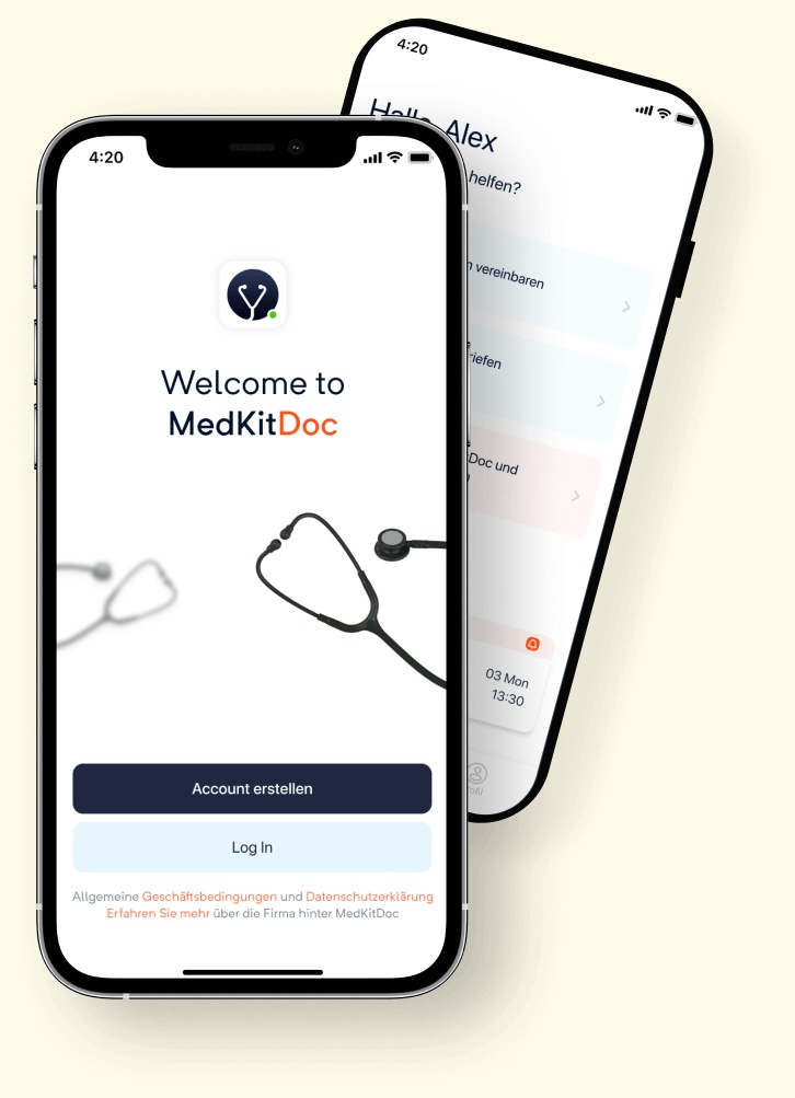 MedKitDoc mobile app mockups showing its welcome screen and patient interface