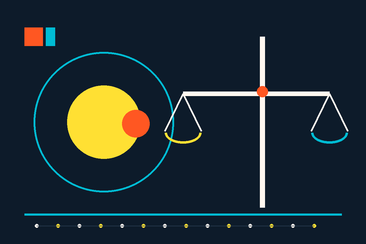 Swiss-style graphic of scales of justice and a network of connected points
