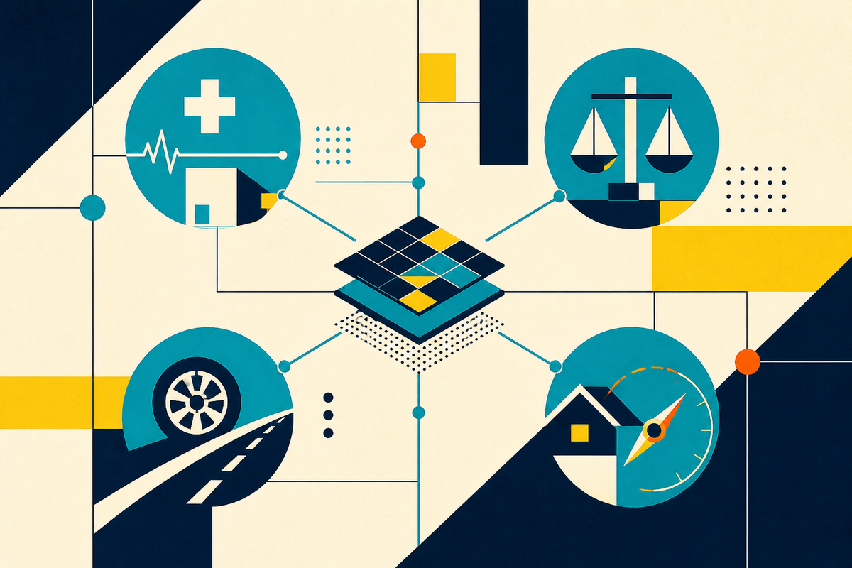 Abstract Swiss-style network linking healthcare, law, automotive and travel symbols to a central platform