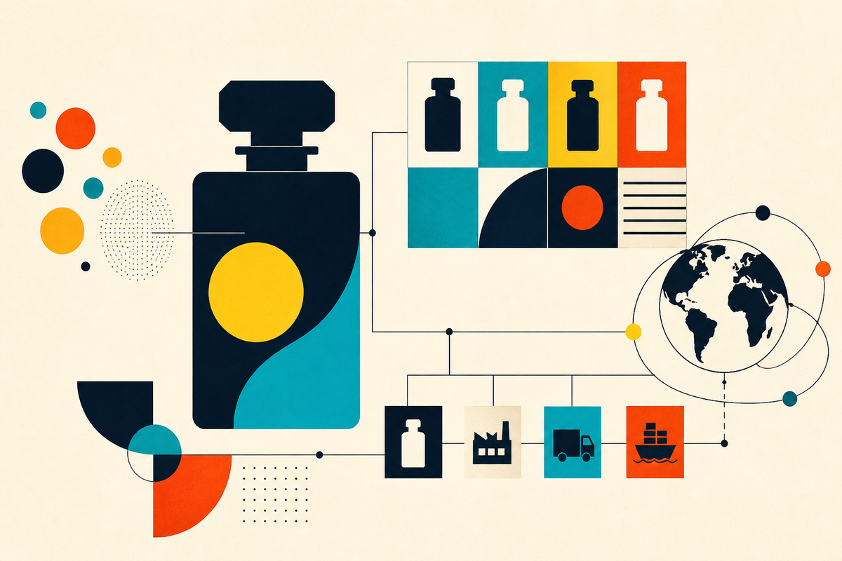 Abstract Swiss-style illustration of perfume bottles moving through a production grid toward a globe