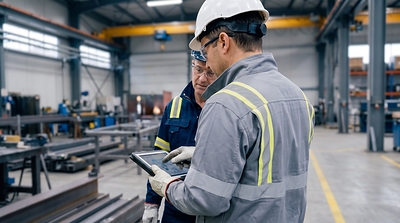 Two workers looking at a tablet in an industrial workshop, from Interplay’s Skill Verification announcement