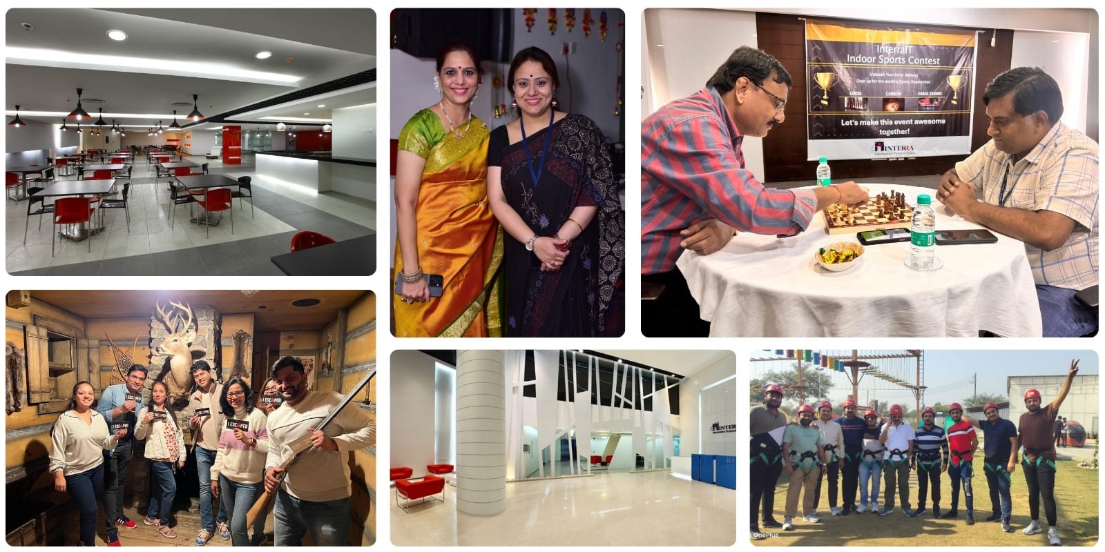 InterraIT careers collage showing office spaces, colleagues, a chess match and team outings