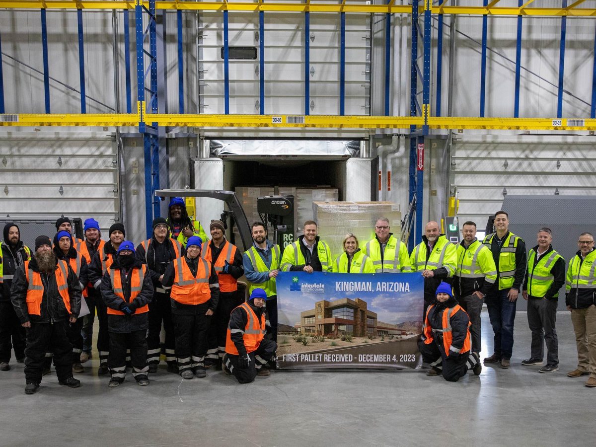 The first frozen-food pallet arriving at Interstate Warehousing’s Kingman facility