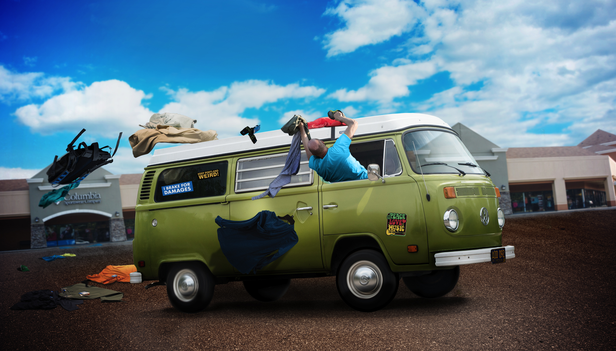 A man leans from a green camper van while loose clothing flies through the air, an image from Intertek Catalyst's campaign portfolio