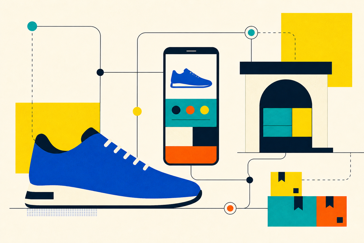 Geometric illustration of a sneaker connected to a phone, storefront and delivery parcels