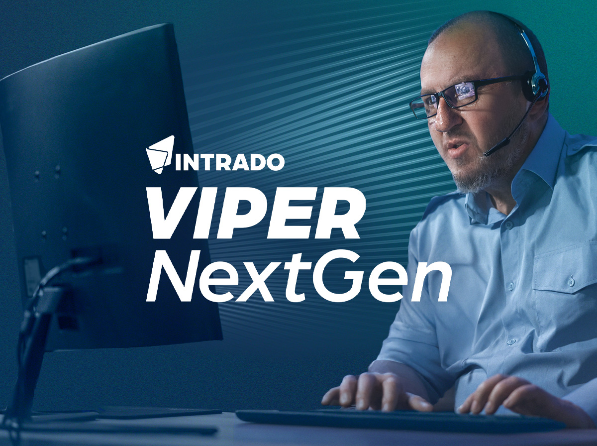 Intrado product artwork showing a headset-wearing call taker beside the VIPER NextGen name