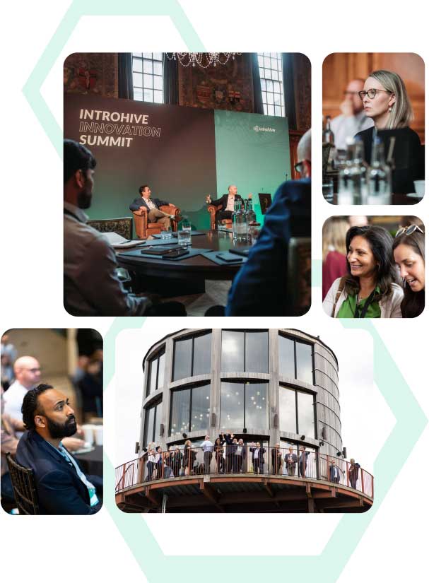 Introhive company collage showing an innovation summit, conversations and a group gathering