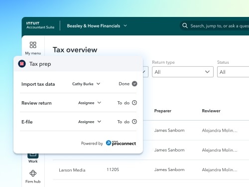 Intuit product screenshot showing a tax overview and ProConnect-powered tax preparation task panel