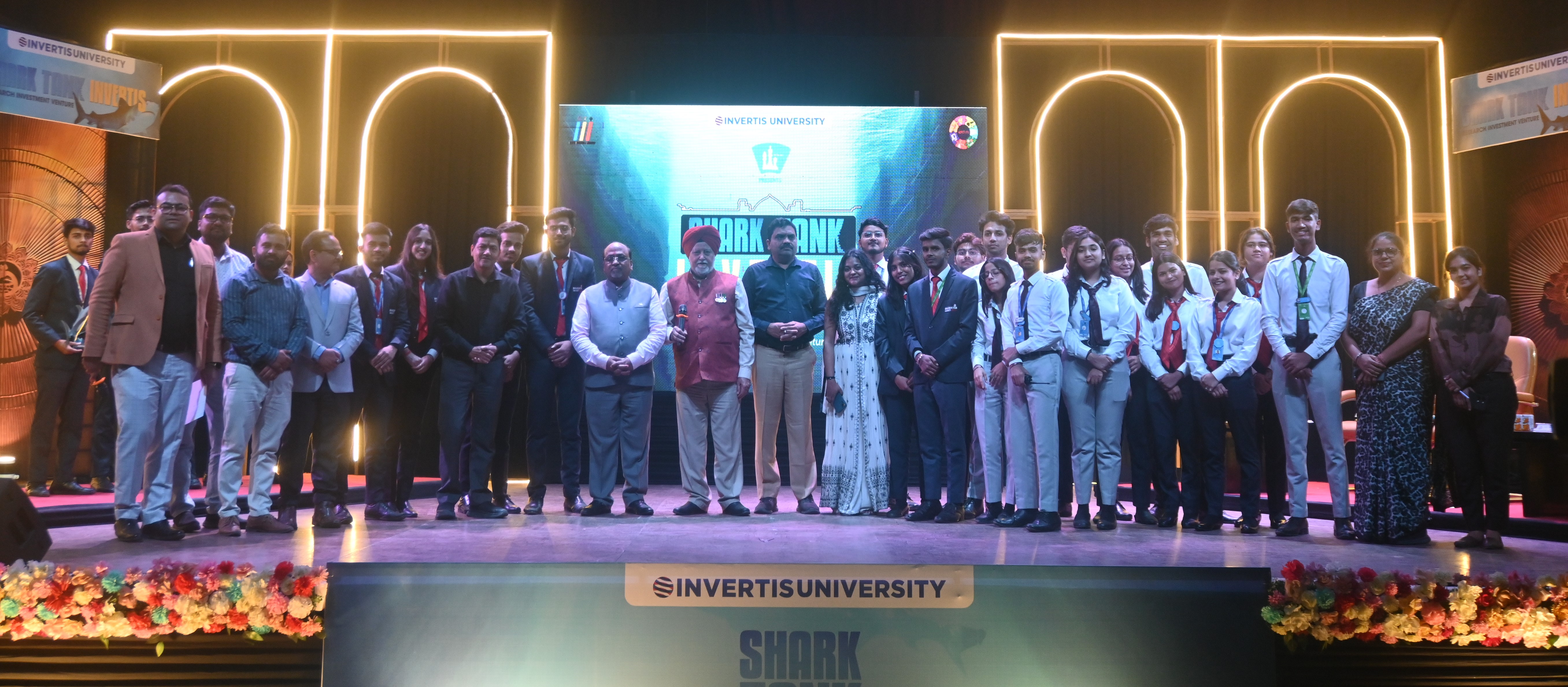 Students and guests gathered onstage at Shark Tank Invertis Season 1