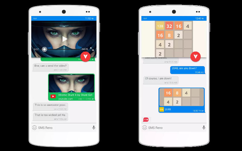 Two invi product screens showing YouTube video sharing and the game 2048 above text conversations