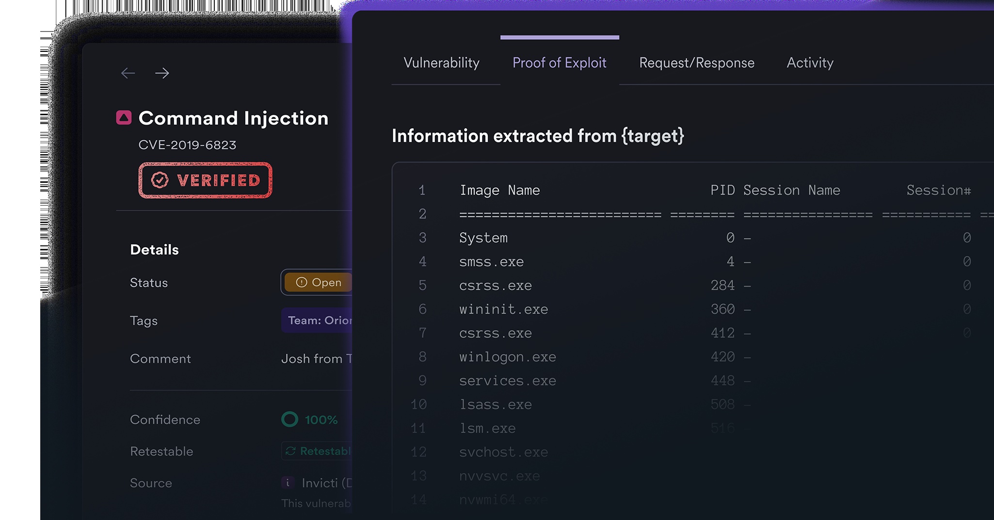 Invicti product illustration displaying a verified command injection and its proof of exploit