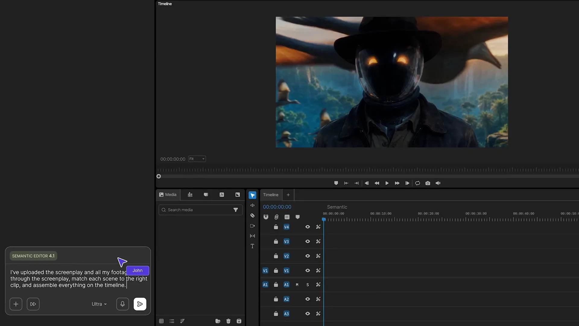 InVideo Editor interface showing its AI assistant beside a multitrack timeline