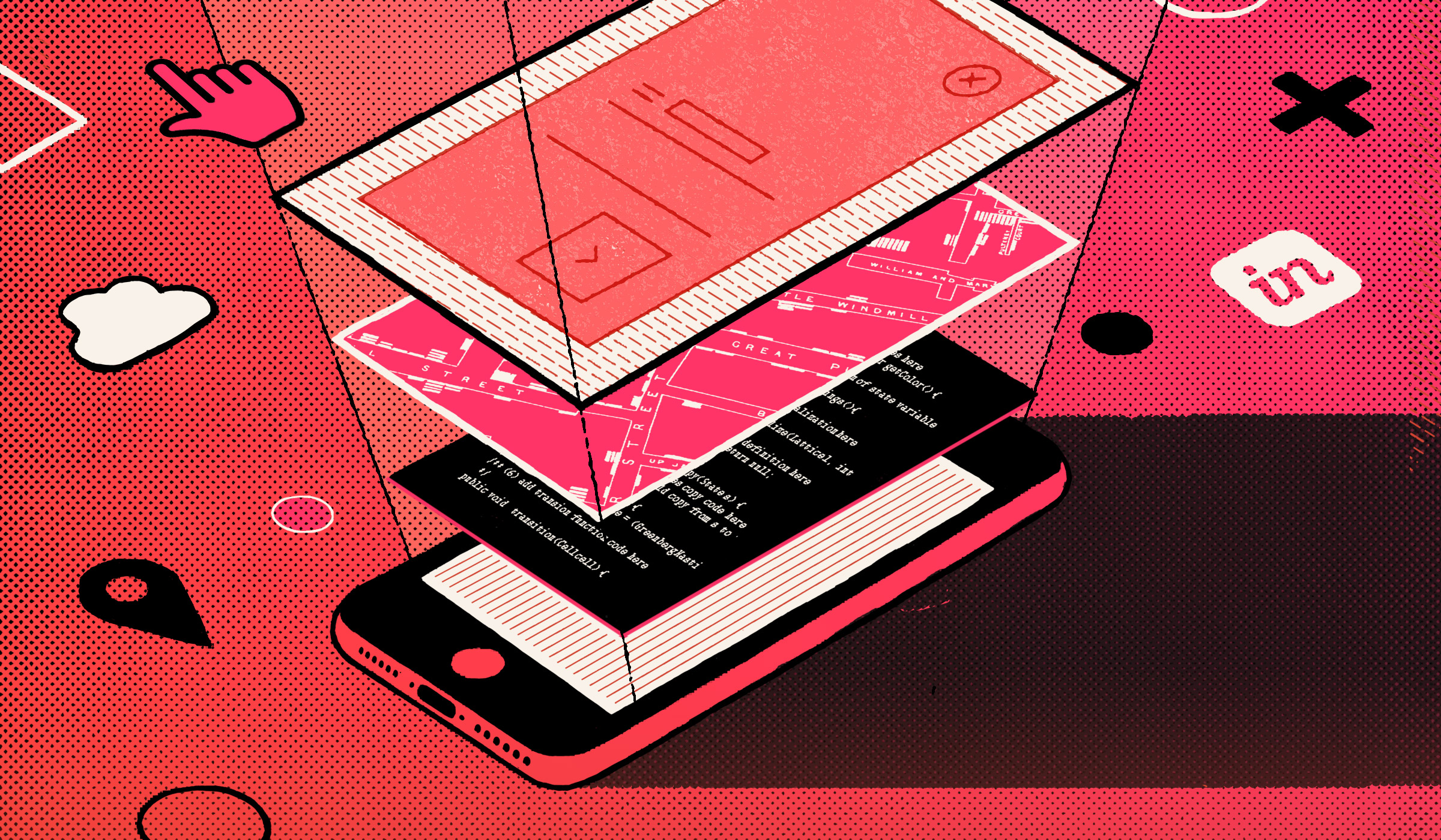 Editorial illustration of a mobile interface separated into design, wireframe and code layers