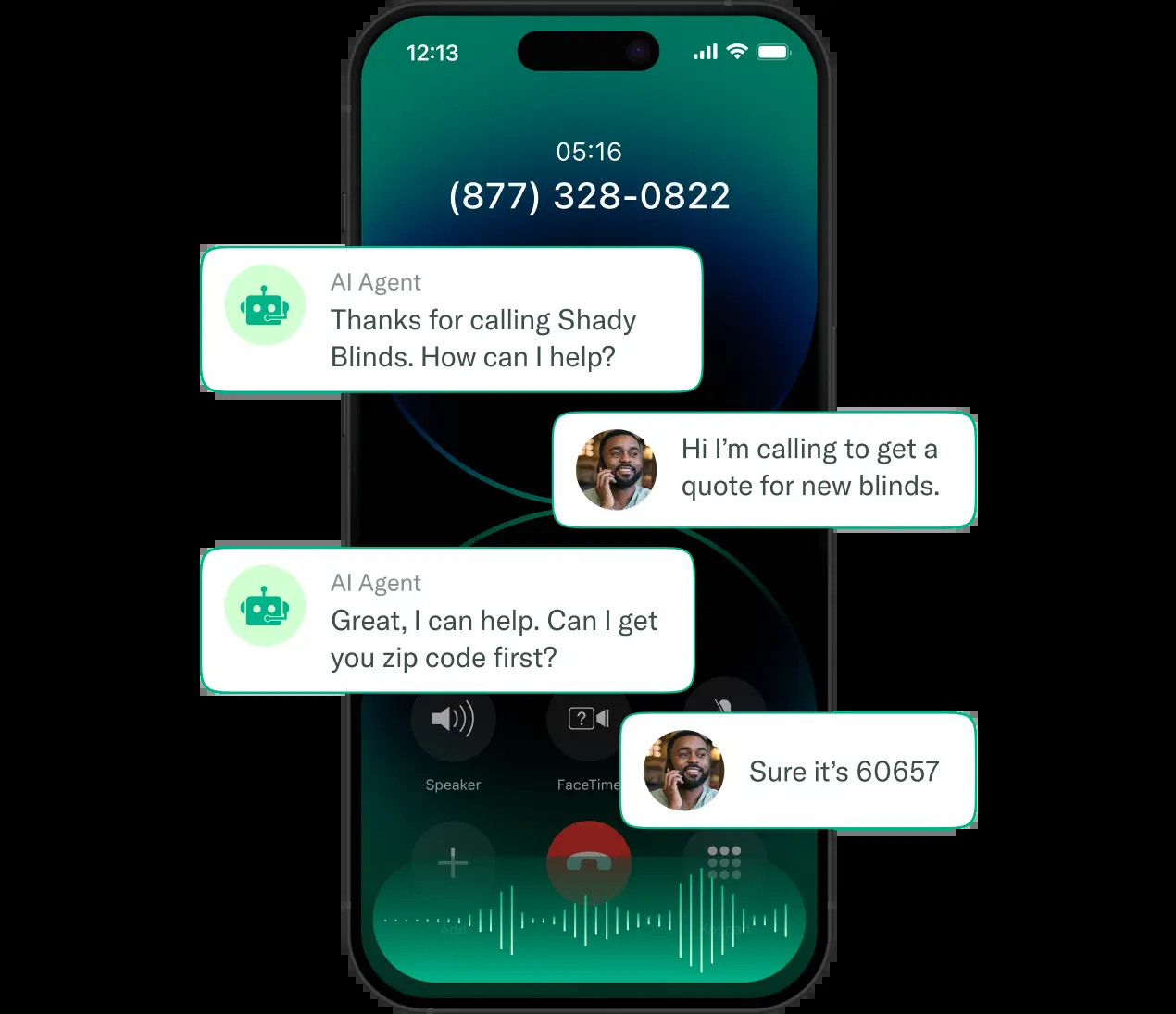 Invoca product illustration showing an AI voice agent speaking with a caller on a smartphone