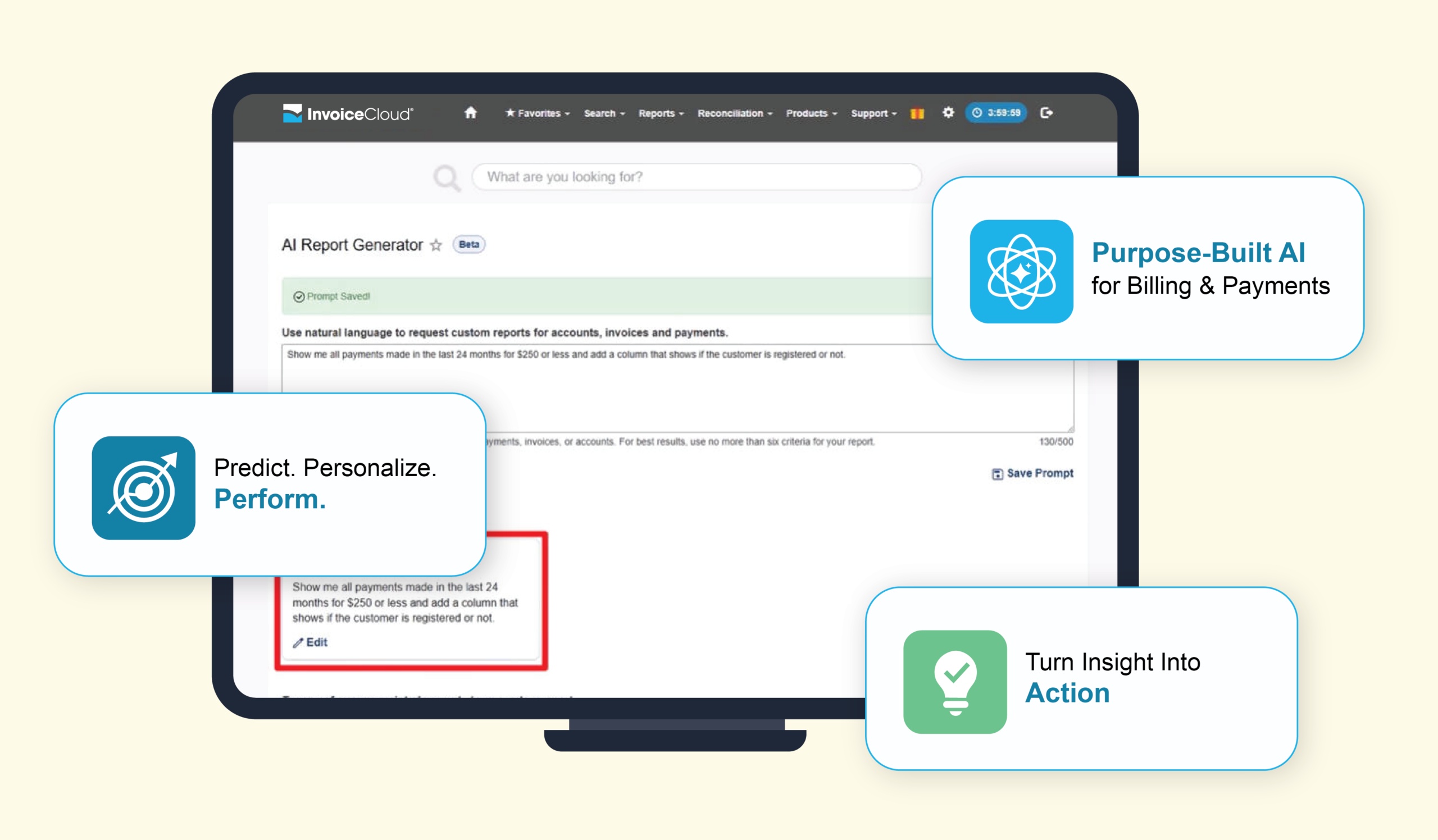 InvoiceCloud promotional product screenshot showing the AI Report Generator and a natural-language reporting request