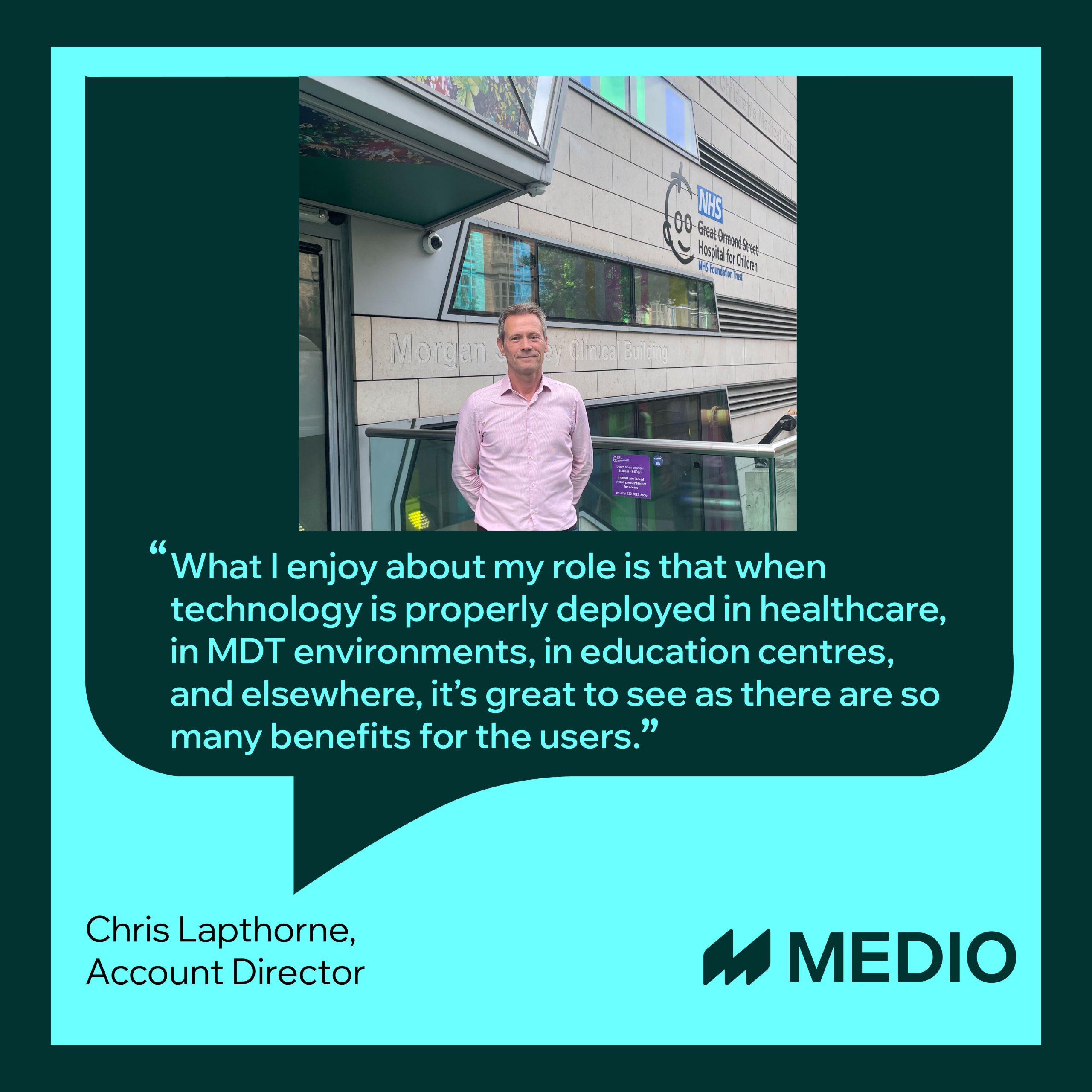 Involve’s published graphic featuring account director Chris Lapthorne outside Great Ormond Street Hospital