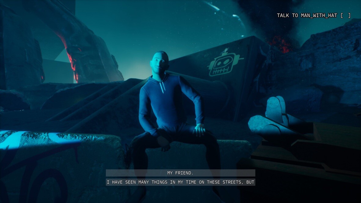 A character in the ruined city of Inworld Origins awaits player dialogue