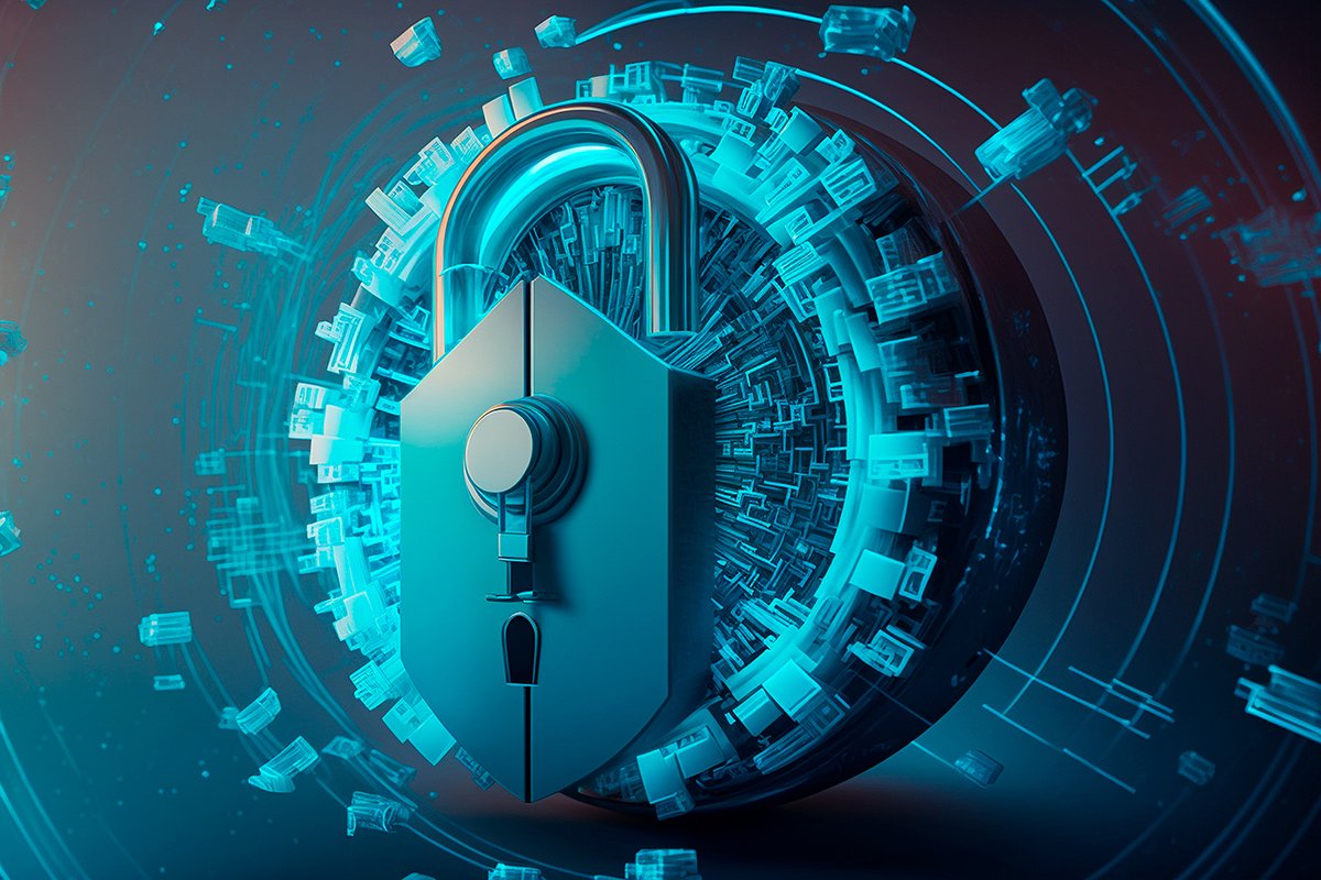 Iozera website illustration of a glowing digital lock surrounded by data-like blocks