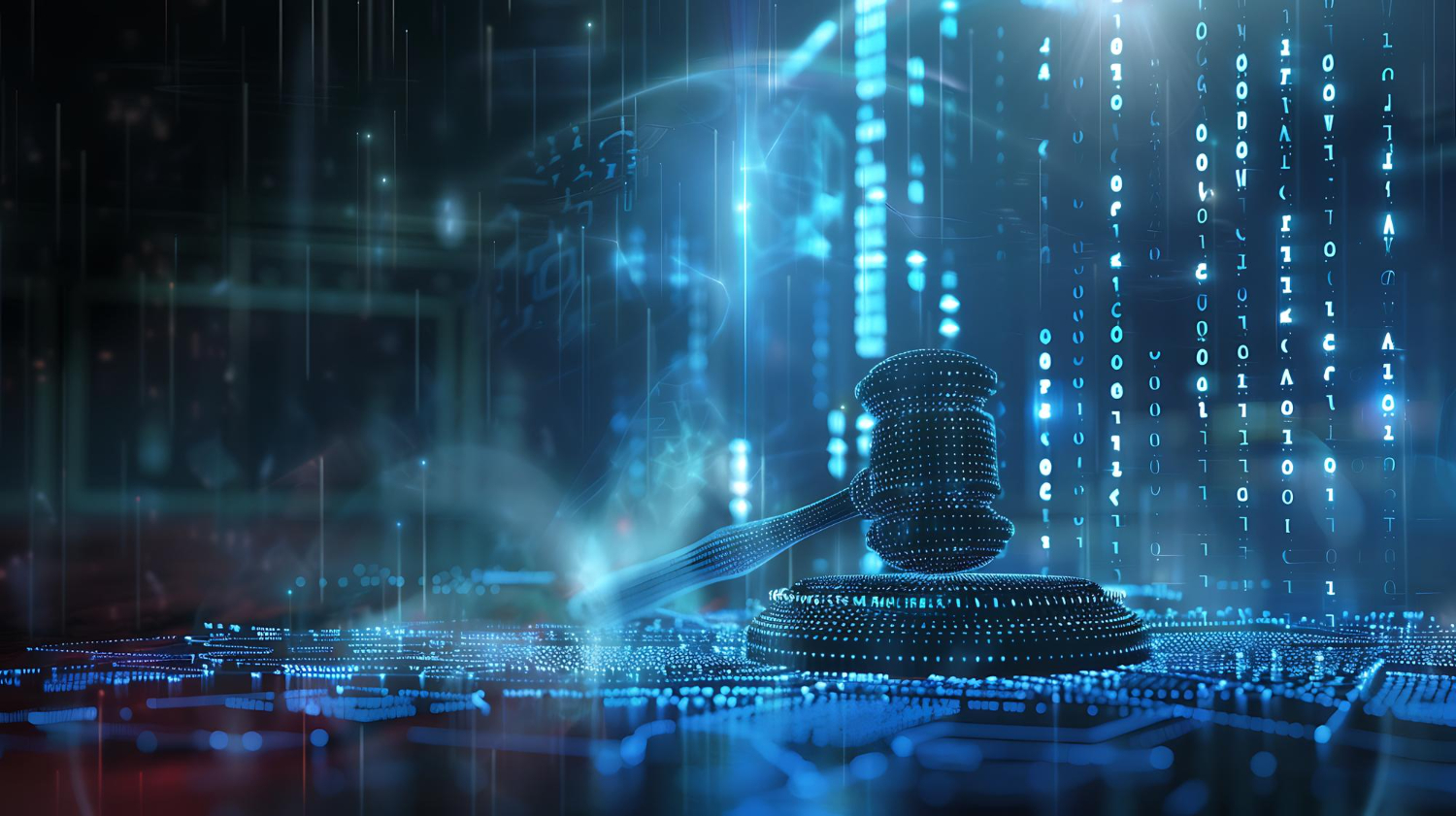 A digital gavel surrounded by illuminated data, representing technology and patent law