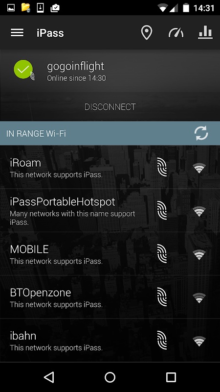 Historical iPass Android app showing a connection to gogoinflight and a list of supported Wi-Fi networks