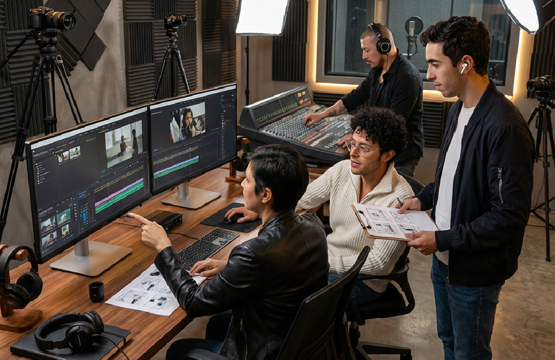 A creative production team editing video in a studio