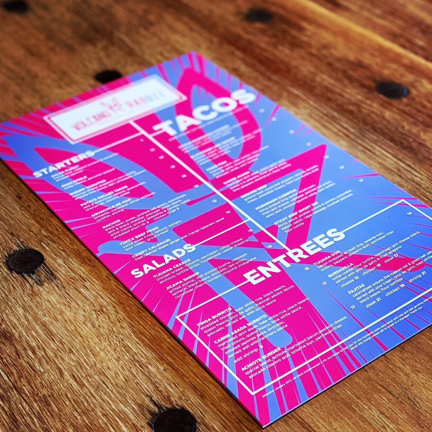Volcano Rabbit menu printed in pink and blue with white category headings