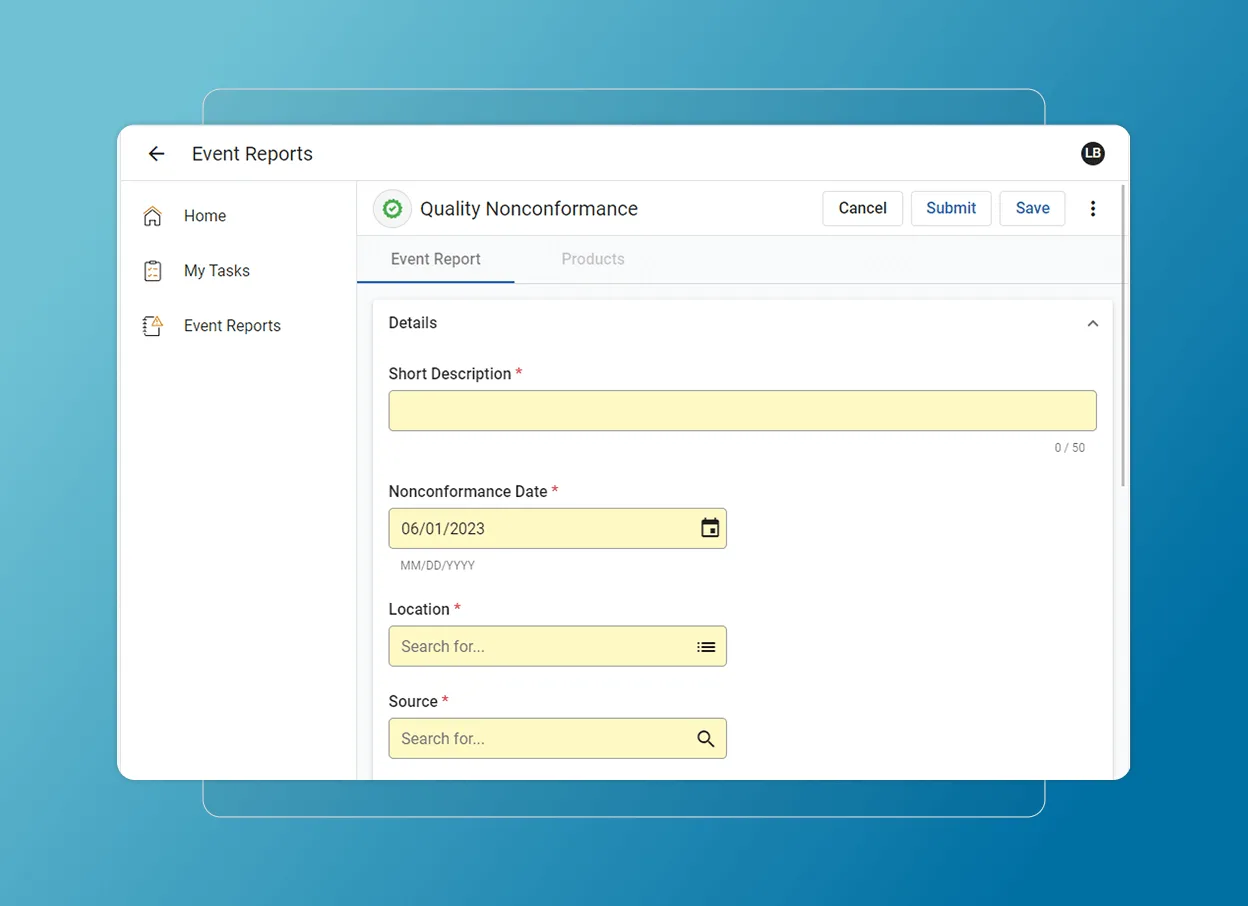 Current Cority Quality Cloud nonconformance form with description, date, location and source fields