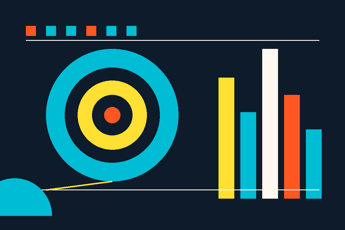 Swiss-style graphic of concentric circles and vertical bars in the IQVentures palette