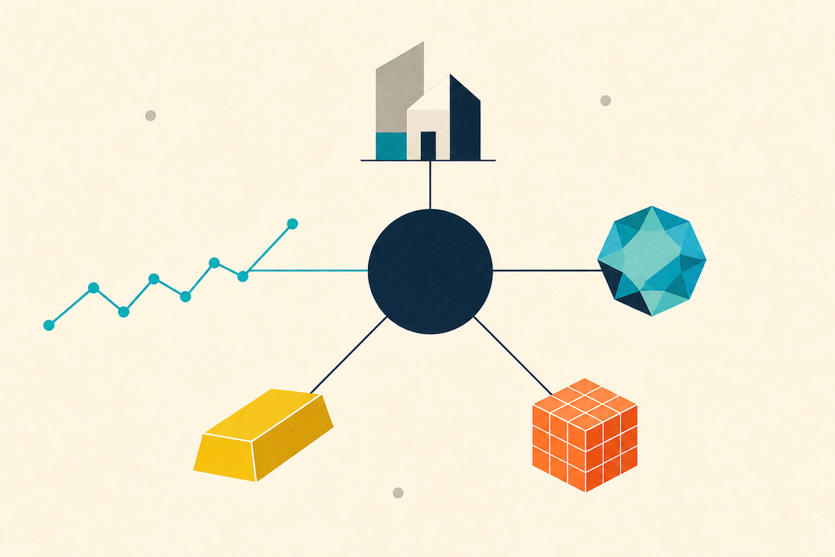 Abstract Swiss-style illustration connecting real estate, digital assets, gold, private business and a market line to one portfolio hub
