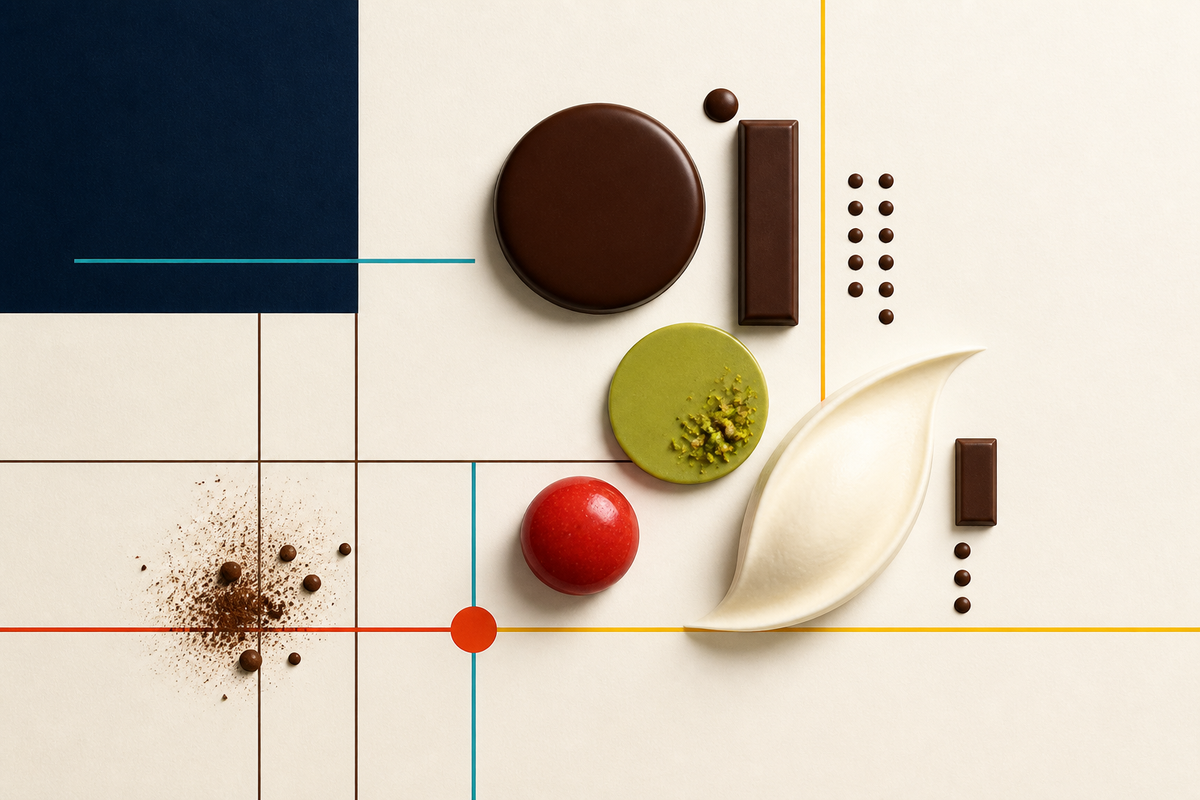 Abstract Swiss-style arrangement of chocolate, pistachio, fruit and cream forms