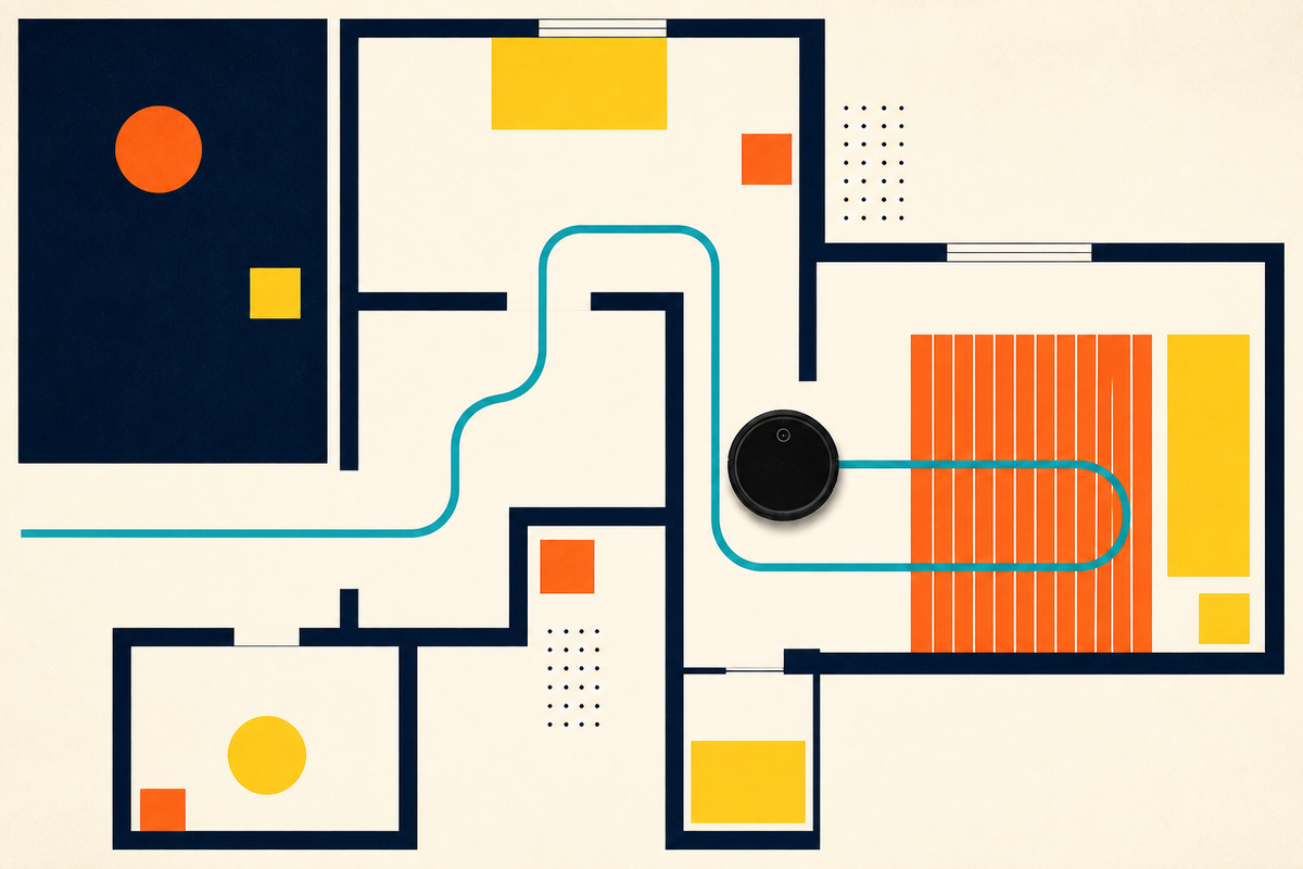 Abstract Swiss-style floor plan with a circular cleaning robot following a teal route