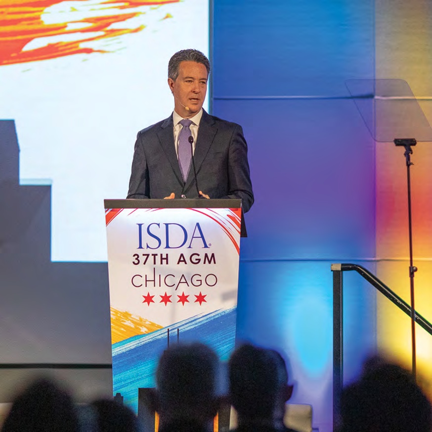 Scott O’Malia speaking behind an ISDA 37th AGM lectern in Chicago