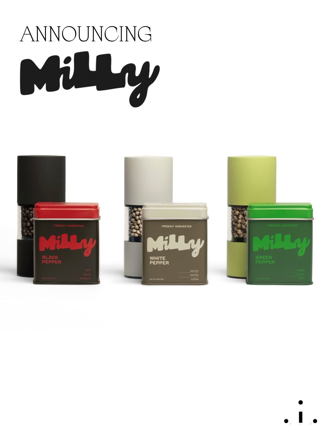 Milly Pepper packaging and grinders shown in black, cream, and green