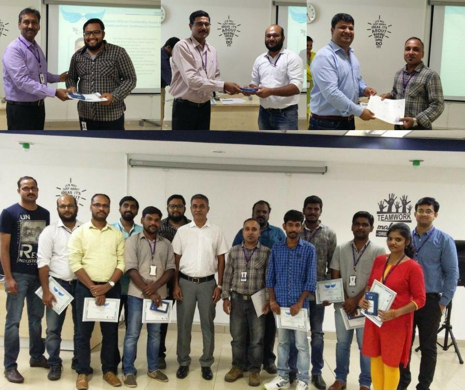 ISGN India employees holding recognition certificates in a collage of award presentations and a group photograph