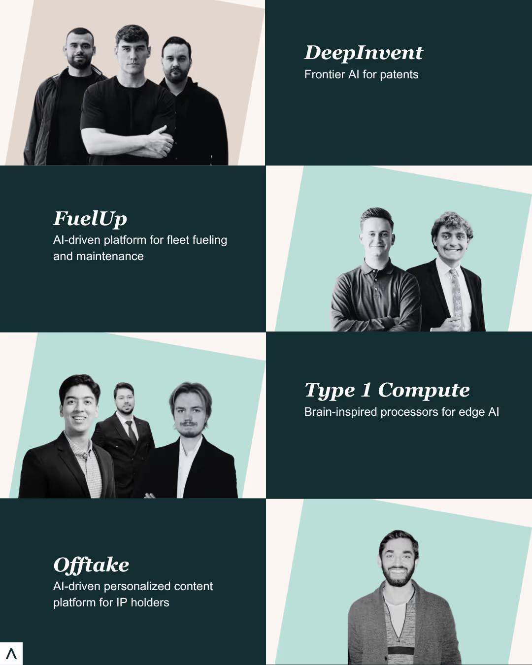 Antler’s 2025 portfolio graphic featuring DeepInvent, FuelUp, Type 1 Compute and Offtake, with Ishaan Sutaria pictured at bottom right