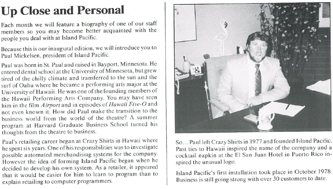Archival Island Pacific staff biography with a photograph of founder Paul Mickelsen at his desk