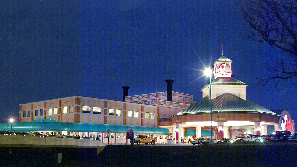 Historic Isle of Capri casino exterior in Boonville, Missouri, illuminated at night