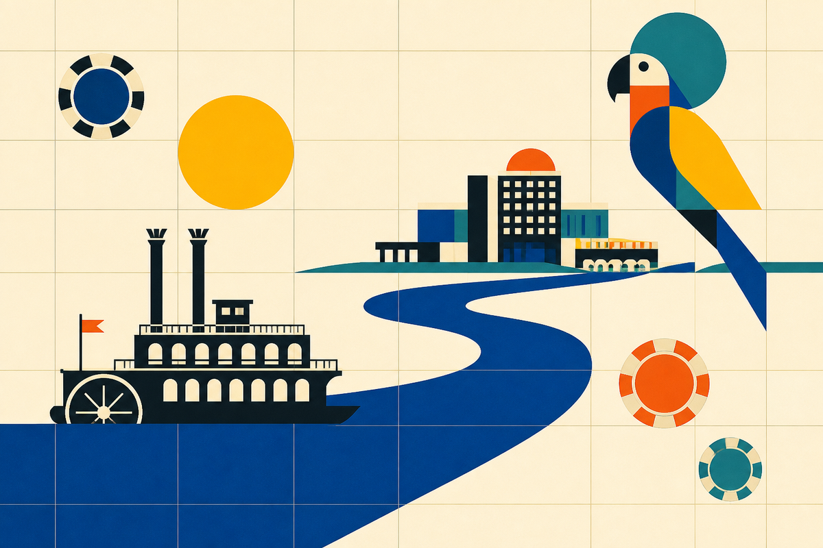 Abstract Swiss-style illustration of a riverboat, winding river, casino chips and a tropical bird