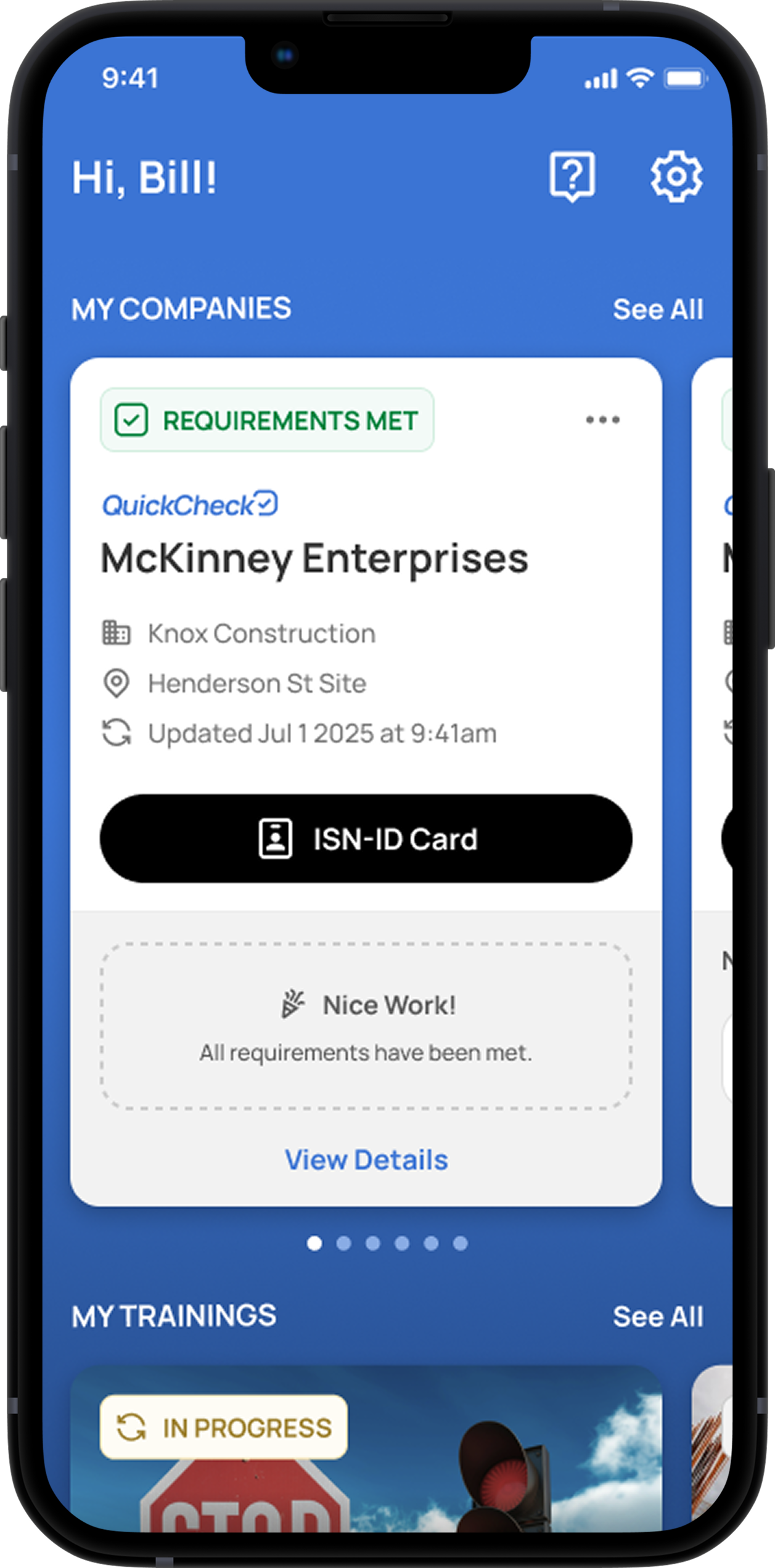 Empower app showing a sample worker’s QuickCheck requirements status, digital ISN ID card and training