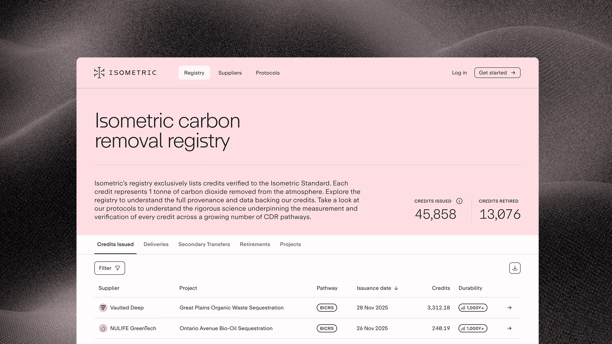 The Isometric public registry interface showing issued credits and project records