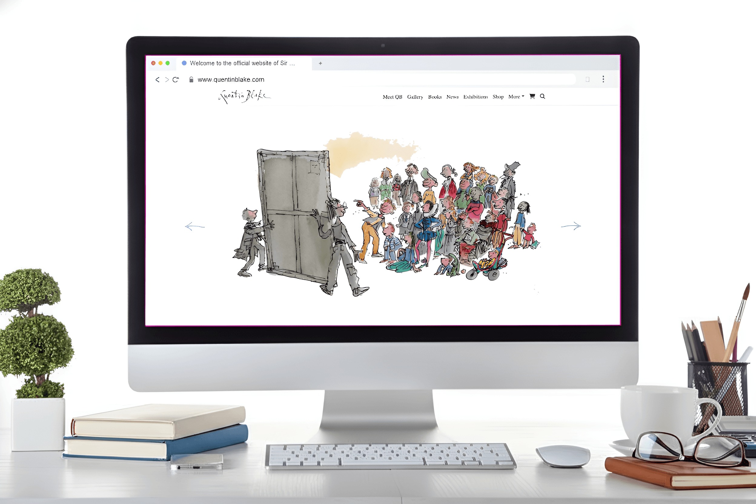 Case-study mockup showing Quentin Blake’s illustrated website on a desktop monitor