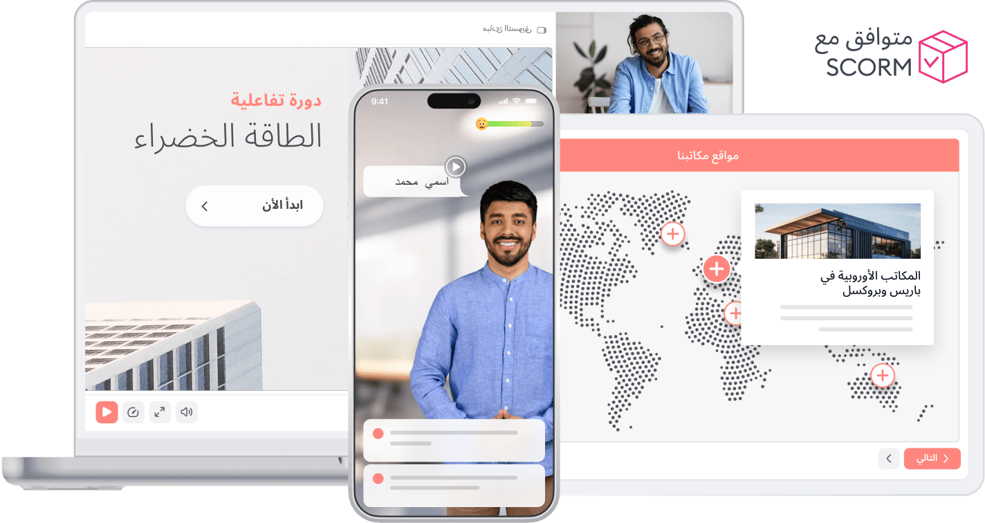 iSpring Suite product illustration showing Arabic course content across computer and mobile screens
