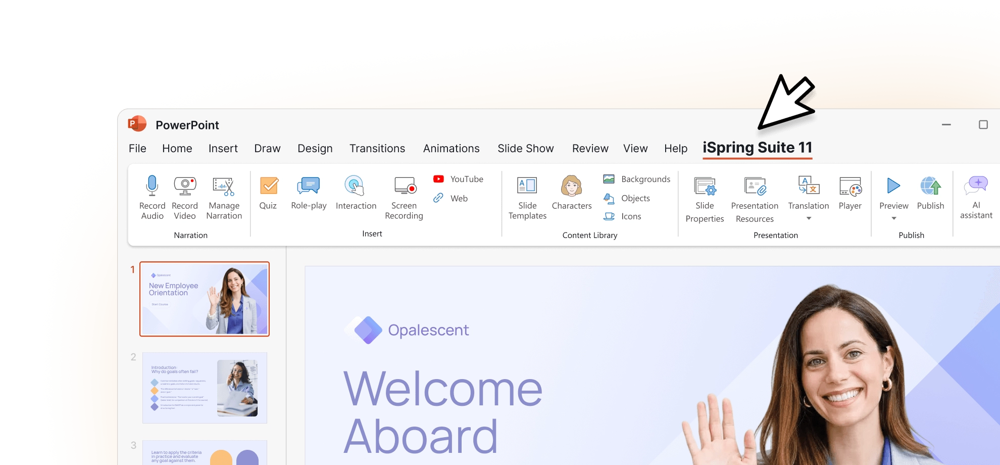 iSpring Suite product view showing its tools within the PowerPoint interface