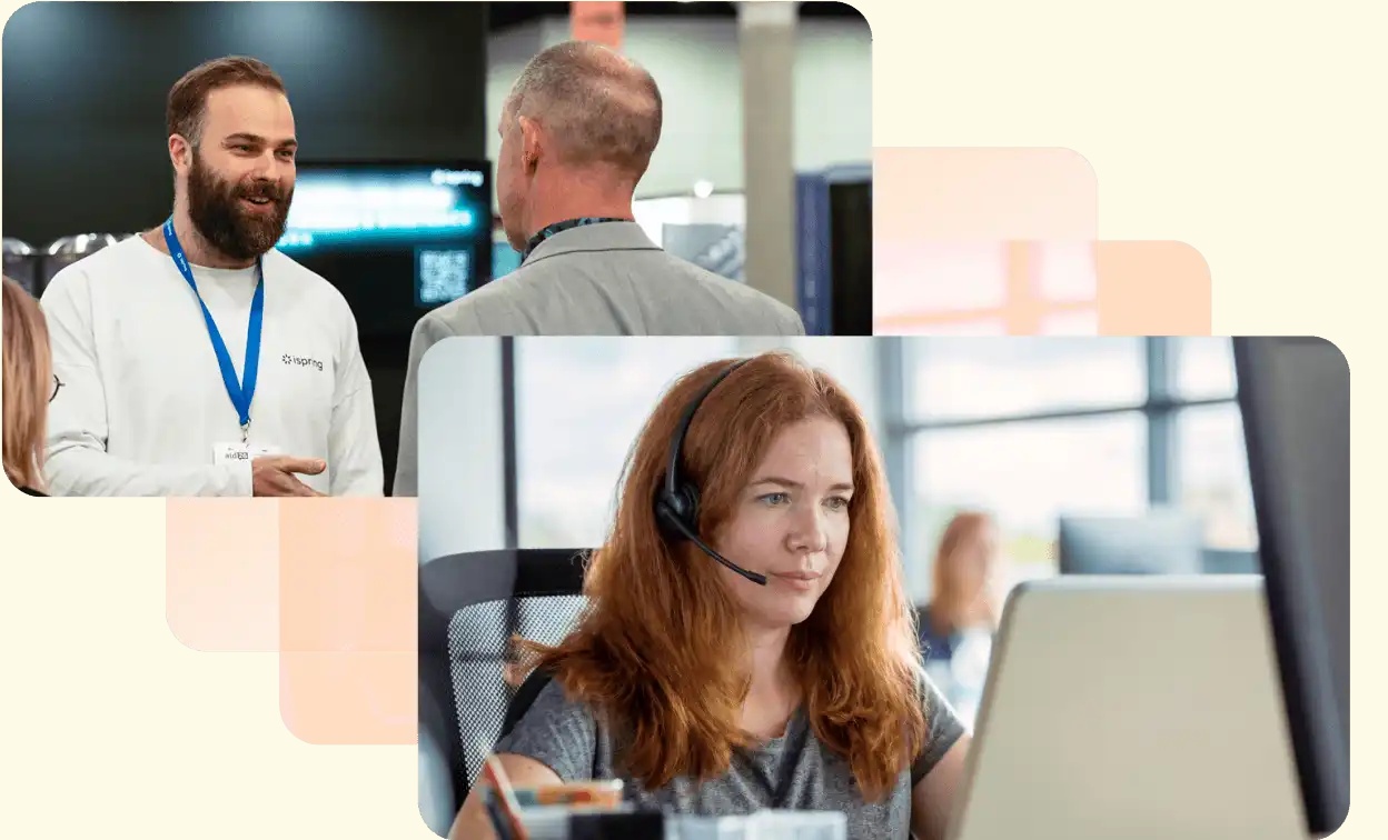 iSpring company collage of a staff member speaking with an event visitor and a support specialist wearing a headset